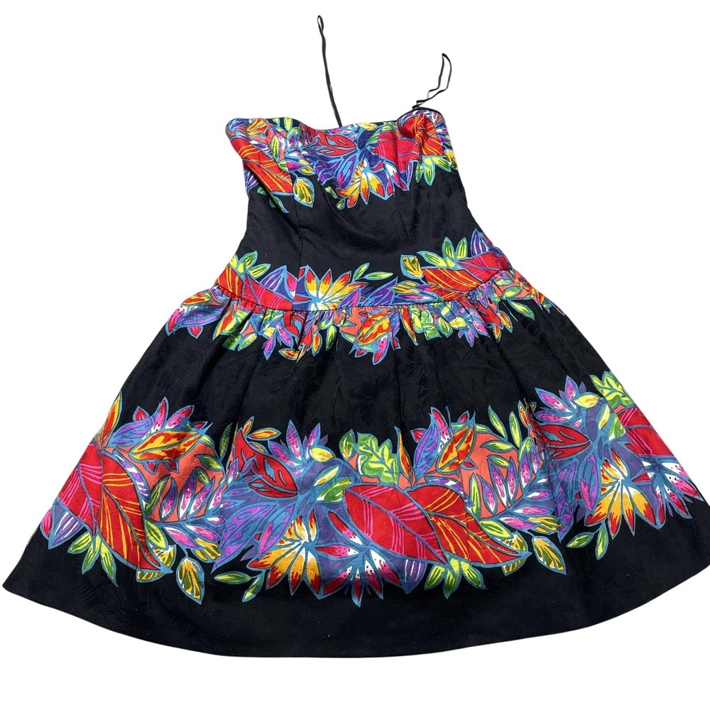 Cache Sundress Women 4 Black Multicolor Tropical Floral Sweetheart Fit Flare VTG